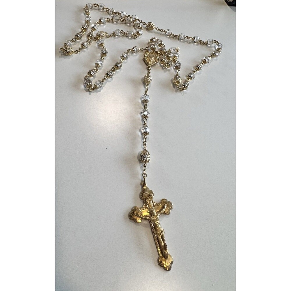 Vintage Creed 14k GF 3D crucifix/Cross Rosary GLASS BEAD Necklace
